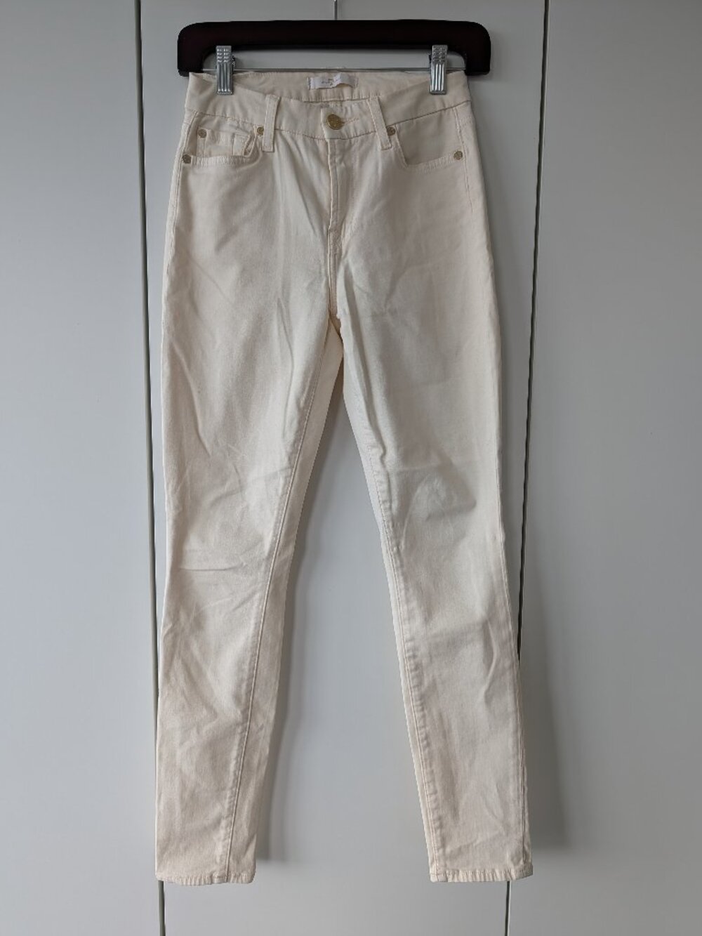 7 For All Mankind Cream Ivory Sateen Skinny Jeans Gold Hardware Size 24